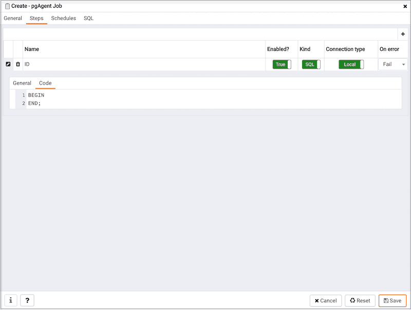 Create pgAgent Job dialog - Steps tab - Code tab